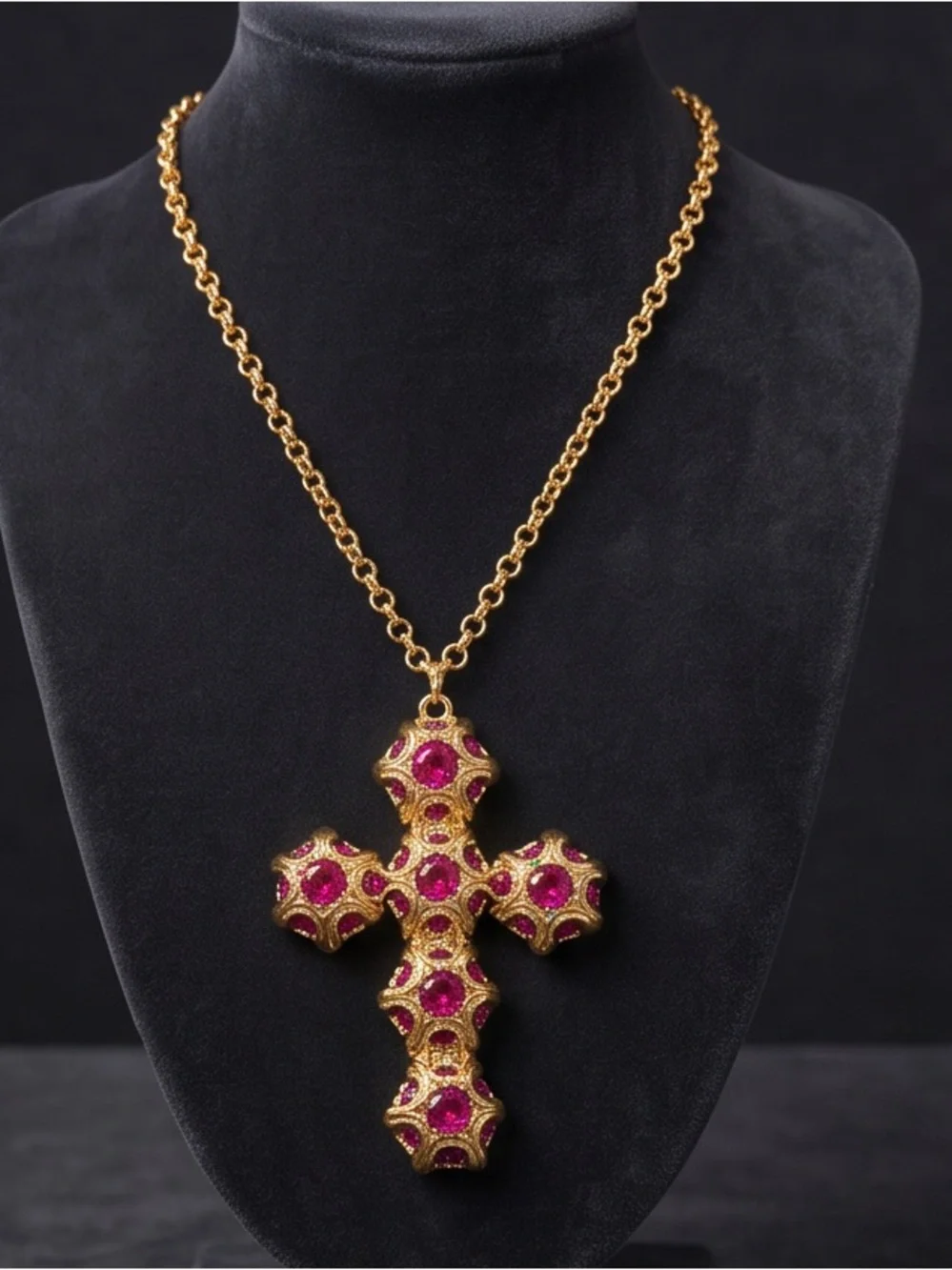 Gold-Tone Cross Pendant Necklace with Fuchsia Accents